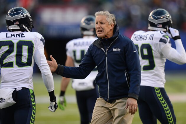 EAST RUTHERFORD, NJ - DECEMBER 15: Head coach Pete Carroll of the Seattle Seahawks during the 1st half of the Seattle Seahawks 23-0 win over the New York Giants at MetLife Stadium on December 15, 2013 in East Rutherford, New Jersey. (Photo by Ron Antonelli/Getty Images)