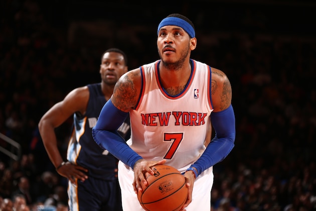 NEW YORK, NY - DECEMBER 21: Carmelo Anthony #7 of the New York Knicks shoots a foul shot against the Memphis Grizzlies during a game at Madison Square Garden in New York City on December 21, 2013. NOTE TO USER: User expressly acknowledges and agrees that, by downloading and or using this photograph, User is consenting to the terms and conditions of the Getty Images License Agreement. Mandatory Copyright Notice: Copyright 2013 NBAE (Photo by Nathaniel S. Butler/NBAE via Getty Images) NEW YORK, NY - DECEMBER 21: Carmelo Anthony #7 of the New York Knicks shoots a foul shot against the Memphis Grizzlies during a game at Madison Square Garden in New York City on December 21, 2013. NOTE TO USER: User expressly acknowledges and agrees that, by downloading and or using this photograph, User is consenting to the terms and conditions of the Getty Images License Agreement. Mandatory Copyright Notice: Copyright 2013 NBAE (Photo by Nathaniel S. Butler/NBAE via Getty Images)