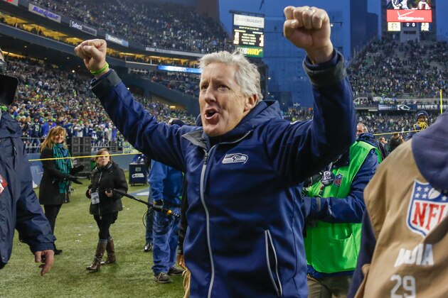SEATTLE, WA - DECEMBER 29:  Head coach Pete Carroll of the Seattle Seahawks celebrates after the game against the St. Louis Rams at CenturyLink Field on December 29, 2013 in Seattle, Washington. The Seahawks defeated the Rams 27-9.  (Photo by Otto Greule Jr/Getty Images)