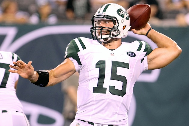 Aug 26, 2012; East Rutherford, NJ, USA; New York Jets quarterback Tim Tebow (15) throws a pass during the second half of their game against the Carolina Panthers at MetLife Stadium. The Panthers defeated the Jets 17-12. Mandatory Credit: Ed Mulholland-USA TODAY Sports Aug 26, 2012; East Rutherford, NJ, USA; New York Jets quarterback Tim Tebow (15) throws a pass during the second half of their game against the Carolina Panthers at MetLife Stadium. The Panthers defeated the Jets 17-12. Mandatory Credit: Ed Mulholland-USA TODAY Sports