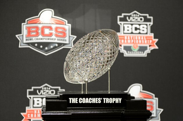 NEWPORT BEACH, CA - JANUARY 4:  The Coaches' Trophy is on display during the Vizio BCS National Championship media day news conference January 4, 2014 in Newport Beach, California.    (Photo by Kevork Djansezian/Getty Images)