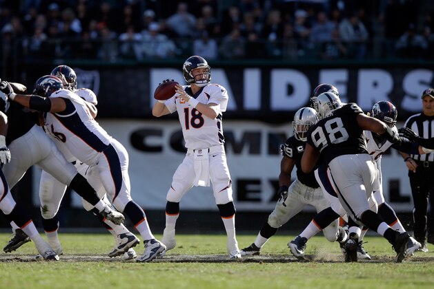 OAKLAND, CA - DECEMBER 29: Peyton Manning #18 of the Denver Broncos in action against the Oakland Raiders at O.co Coliseum on December 29, 2013 in Oakland, California. (Photo by Ezra Shaw/Getty Images) OAKLAND, CA - DECEMBER 29: Peyton Manning #18 of the Denver Broncos in action against the Oakland Raiders at O.co Coliseum on December 29, 2013 in Oakland, California. (Photo by Ezra Shaw/Getty Images)