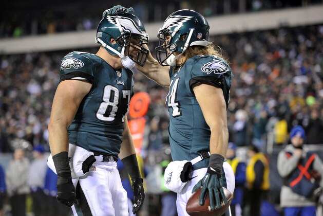 Jan 4, 2014; Philadelphia, PA, USA; Philadelphia Eagles wide receiver Riley Cooper (14) celebrates with teammate Brent Celek (left) after a touchdown catch against the New Orleans Saints during the first half 2013 NFC wild card playoff football game at Lincoln Financial Field. Mandatory Credit: Joe Camporeale-USA TODAY Sports