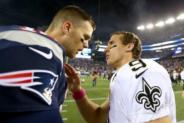 FOXBORO, MA - OCTOBER 13: Tom Brady #12 of the New England Patriots and Drew Brees #9 of the New Orleans Saints talk after the game at Gillette Stadium on October 13, 2013 in Foxboro, Massachusetts.The New England Patriots defeated the New Orleans Saints 30-27. (Photo by Elsa/Getty Images) FOXBORO, MA - OCTOBER 13: Tom Brady #12 of the New England Patriots and Drew Brees #9 of the New Orleans Saints talk after the game at Gillette Stadium on October 13, 2013 in Foxboro, Massachusetts.The New England Patriots defeated the New Orleans Saints 30-27. (Photo by Elsa/Getty Images)