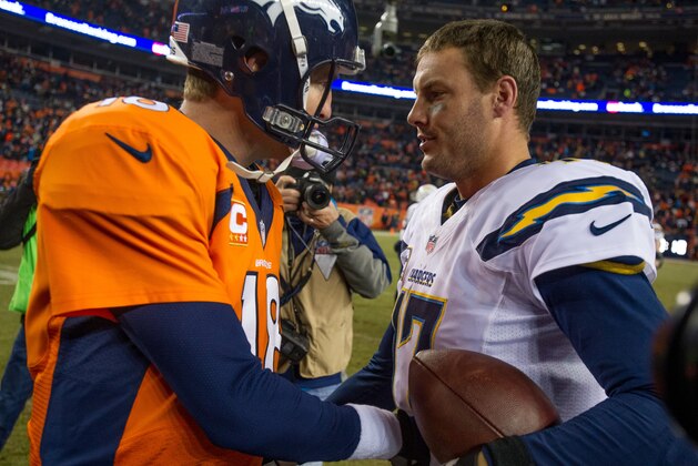 DENVER, CO - DECEMBER 12:  Quarterback Peyton Manning #18 of the Denver Broncos congratulates quarterback Philip Rivers #17 of the San Diego Chargers after a 27-20 loss to the San Diego Chargers at Sports Authority Field Field at Mile High on December 12, 2013 in Denver, Colorado.  (Photo by Dustin Bradford/Getty Images)