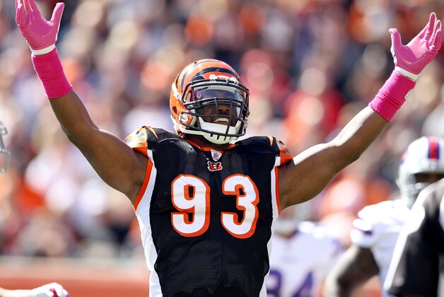 CINCINNATI, OH - OCTOBER 02: Michael Johnson #93 of the Cincinnati Bengals celebrates during the 23-20 victory against the Buffalo Bills at Paul Brown Stadium on October 2, 2011 in Cincinnati, Ohio.  (Photo by Andy Lyons/Getty Images)