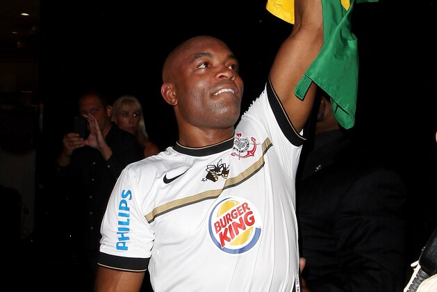 LAS VEGAS, NV - JULY 7:   Anderson Silva reacts to the crowd during UFC 148 inside MGM Grand Garden Arena on July 7, 2012 in Las Vegas, Nevada.  (Photo by Jeff Bottari/Zuffa LLC via Getty Images)