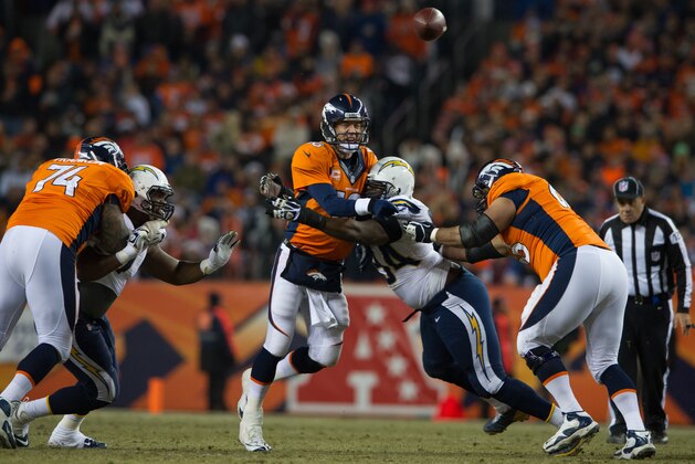 DENVER, CO - DECEMBER 12:  Quarterback Peyton Manning #18 of the Denver Broncos is hit by defensive end Corey Liuget #94 of the San Diego Chargers as he throws a pass during a game at Sports Authority Field Field at Mile High on December 12, 2013 in Denver, Colorado.  (Photo by Dustin Bradford/Getty Images)