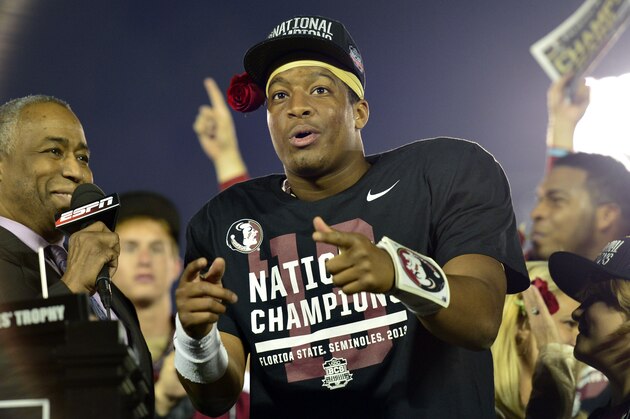 Jan 6, 2014; Pasadena, CA, USA; Florida State Seminoles quarterback Jameis Winston (5) celebrates after winning the 2014 BCS National Championship game against Auburn Tigers 34-31 at the Rose Bowl.  Mandatory Credit: Richard Mackson-USA TODAY Sports