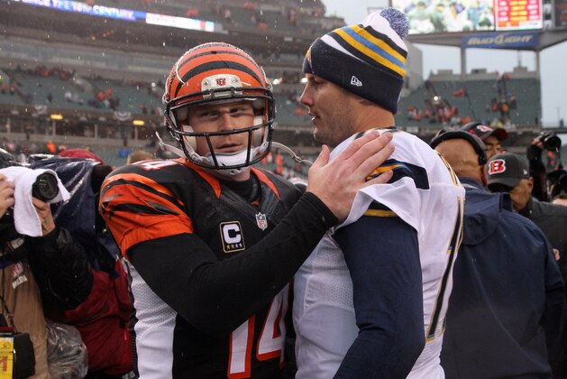Jan 5, 2014; Cincinnati, OH, USA; Cincinnati Bengals quarterback Andy Dalton (14) and San Diego Chargers quarterback Philip Rivers (17) shake hands after the AFC wild card playoff football game at Paul Brown Stadium. San Diego won 27-10. Mandatory Credit: Pat Lovell-USA TODAY Sports