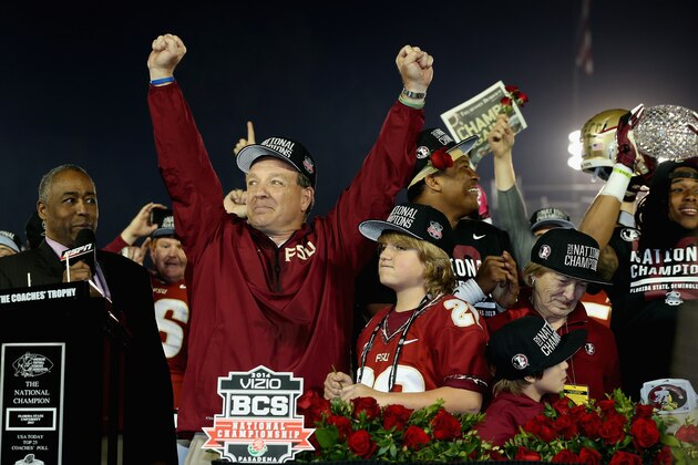 PASADENA, CA - JANUARY 06:  (2nd L) Florida State Seminoles head coach Jimbo Fisher celebrates after defeating the Auburn Tigers 34-31 in the 2014 Vizio BCS National Championship Game at the Rose Bowl on January 6, 2014 in Pasadena, California.  (Photo by Jeff Gross/Getty Images)