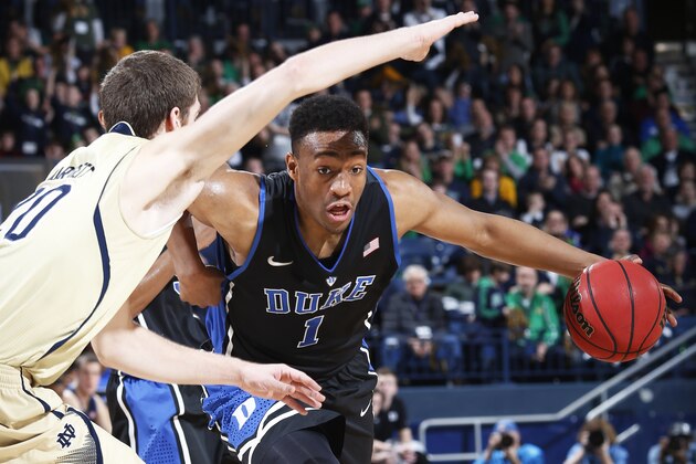 SOUTH BEND, IN - JANUARY 4: Jabari Parker #1 of the Duke Blue Devils tries to get to the basket against Austin Burgett #20 of the Notre Dame Fighting Irish during the game at Purcell Pavilion at the Joyce Center on January 4, 2014 in South Bend, Indiana. Notre Dame won 79-77. (Photo by Joe Robbins/Getty Images)