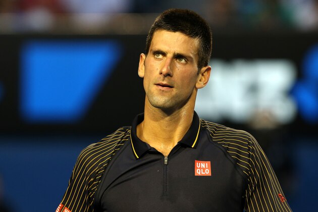MELBOURNE, AUSTRALIA - JANUARY 27:  Novak Djokovic of Serbia looks on in his men's final match against Andy Murray of Great Britain during day fourteen of the 2013 Australian Open at Melbourne Park on January 27, 2013 in Melbourne, Australia.  (Photo by Michael Dodge/Getty Images)