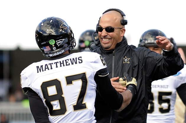 BIRMINGHAM, AL - JANUARY 04:  Head coach James Franklin of the Vanderbilt Commodores celebrates with Jordan Matthews