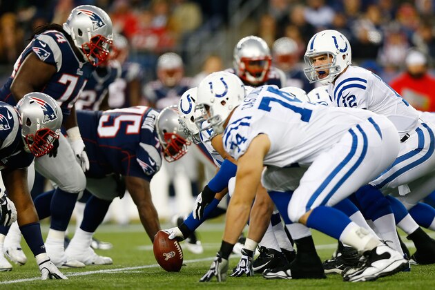 FOXBORO, MA - NOVEMBER 18: Andrew Luck #12 of the Indianapolis Colts stands behind center against the New England Patriots during the game on November 18, 2012 at Gillette Stadium in Foxboro, Massachusetts. (Photo by Jared Wickerham/Getty Images) FOXBORO, MA - NOVEMBER 18: Andrew Luck #12 of the Indianapolis Colts stands behind center against the New England Patriots during the game on November 18, 2012 at Gillette Stadium in Foxboro, Massachusetts. (Photo by Jared Wickerham/Getty Images)