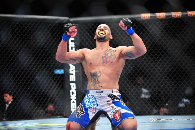 Dec 29, 2012; Las Vegas, NV, USA; Costa Phillippou celebrates his victory over Tim Boetsch during UFC 155 at the MGM Grand Garden Arena. Mandatory Credit: Gary A. Vasquez-USA TODAY Sports