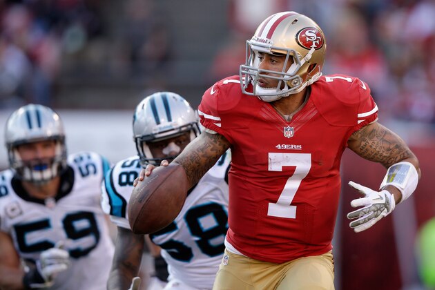 SAN FRANCISCO, CA - NOVEMBER 10: Colin Kaepernick #7 of the San Francisco 49ers is pressured by Thomas Davis #58 and Luke Kuechly #59 of the Carolina Panthers at Candlestick Park on November 10, 2013 in San Francisco, California. (Photo by Ezra Shaw/Getty Images) SAN FRANCISCO, CA - NOVEMBER 10: Colin Kaepernick #7 of the San Francisco 49ers is pressured by Thomas Davis #58 and Luke Kuechly #59 of the Carolina Panthers at Candlestick Park on November 10, 2013 in San Francisco, California. (Photo by Ezra Shaw/Getty Images)