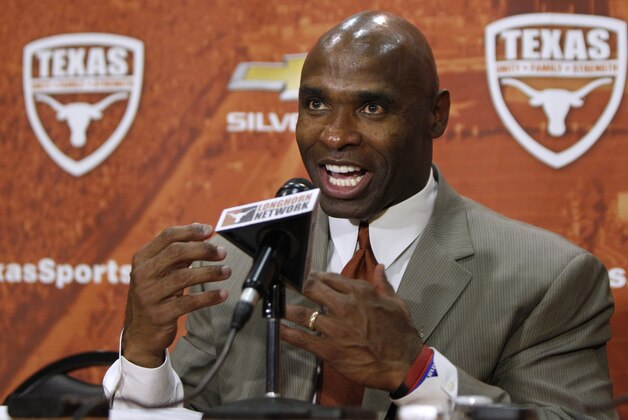 AUSTIN, TX - JANUARY 6: The University of Texas Longhorns new head football coach Charlie Strong from Louisvillespeaks after being introduced during a press conference January 6, 2014 at Darrell K. Royal-Texas Memorial Stadium in Austin, Texas.  (Photo by Erich Schlegel/Getty Images)