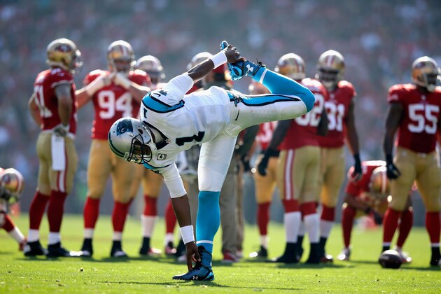 SAN FRANCISCO, CA - NOVEMBER 10: Cam Newton #1 of the Carolina Panthers streches during a timeout of their game against the San Francisco 49ers at Candlestick Park on November 10, 2013 in San Francisco, California. (Photo by Ezra Shaw/Getty Images) SAN FRANCISCO, CA - NOVEMBER 10: Cam Newton #1 of the Carolina Panthers streches during a timeout of their game against the San Francisco 49ers at Candlestick Park on November 10, 2013 in San Francisco, California. (Photo by Ezra Shaw/Getty Images)