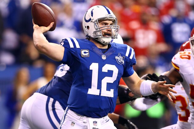 INDIANAPOLIS, IN - JANUARY 04: Quarterback Andrew Luck #12 of the Indianapolis Colts passes against the Kansas City Chiefs during a Wild Card Playoff game at Lucas Oil Stadium on January 4, 2014 in Indianapolis, Indiana. (Photo by Andy Lyons/Getty Images) INDIANAPOLIS, IN - JANUARY 04: Quarterback Andrew Luck #12 of the Indianapolis Colts passes against the Kansas City Chiefs during a Wild Card Playoff game at Lucas Oil Stadium on January 4, 2014 in Indianapolis, Indiana. (Photo by Andy Lyons/Getty Images)