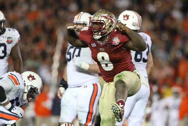Jan 6, 2014; Pasadena, CA, USA; Florida State Seminoles defensive tackle Timmy Jernigan (8) reacts to a play against the Auburn Tigers during the second half of the 2014 BCS National Championship game at the Rose Bowl.  Mandatory Credit: Matthew Emmons-USA TODAY Sports
