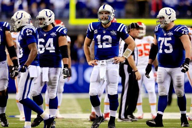 INDIANAPOLIS, IN - JANUARY 04: Quarterback Andrew Luck #12 of the Indianapolis Colts looks on against the Kansas City Chiefs during a Wild Card Playoff game at Lucas Oil Stadium on January 4, 2014 in Indianapolis, Indiana.  (Photo by Rob Carr/Getty Images)