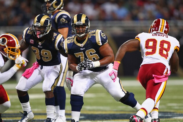 ST. LOUIS, MO - OCTOBER 02: Rodger Saffold #76 of the St. Louis Rams blocks against the Washington Redskins at the Edward Jones Dome on October 2, 2011 in St. Louis, Missouri.  The Washington Redskins beat the St. Louis Rams 17-10.  (Photo by Dilip Vishwanat/Getty Images)