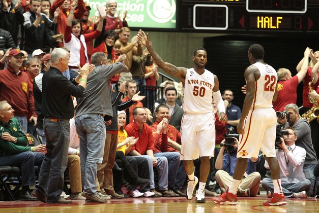 Jan 7, 2014; Ames, IA, USA; Iowa State Cyclones forward DeAndre Kane (50) celebrates during the first half against the Baylor Bears at James H. Hilton Coliseum. Mandatory Credit: Reese Strickland-USA TODAY Sports