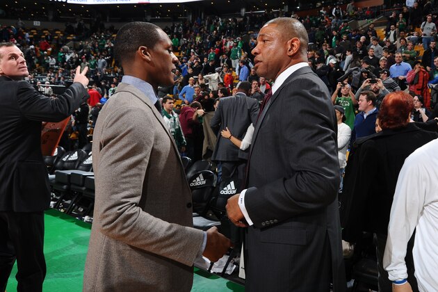 BOSTON, MA - DECEMBER 11: Rajon Rondo #9 of the Boston Celtics shakes hands with head coach Doc Rivers of the Los Angeles Clippers after the game on December 11, 2013 at the TD Garden in Boston, Massachusetts.  NOTE TO USER: User expressly acknowledges and agrees that, by downloading and or using this photograph, User is consenting to the terms and conditions of the Getty Images License Agreement. Mandatory Copyright Notice: Copyright 2013 NBAE  (Photo by Brian Babineau/NBAE via Getty Images)