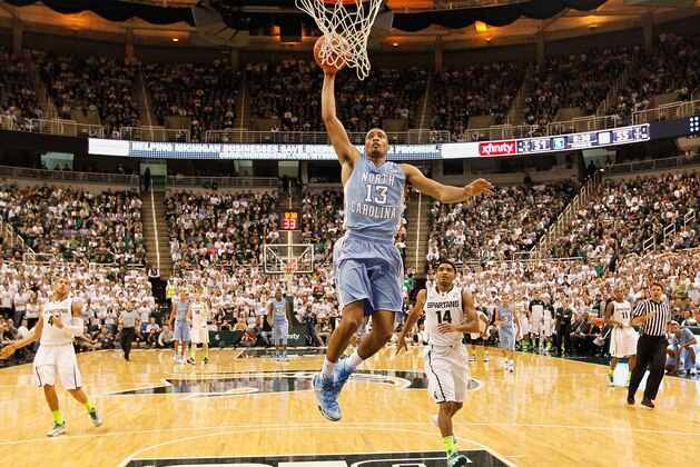 EAST LANSING, MI - DECEMBER 04:  J.P. Tokoto #13 of the North Carolina Tar Heels gets in for a second half dunk while playing the Michigan State Spartans at the Jack T. Breslin Student Events Center on December 4, 2013 in East Lansing, Michigan. North Carolina won the game 79-65. (Photo by Gregory Shamus/Getty Images)