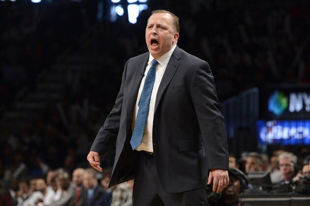 NEW YORK, NY - DECEMBER 25:  Tom Thibodeau of the Chicago Bulls reacts to the game action during the third quarter against the Brooklyn Nets at the Barclays Center on December 25, 2013 in the Brooklyn borough of New York City. NOTE TO USER: User expressly acknowledges and agrees that, by downloading and/or using this photograph, user is consenting to the terms and conditions of the Getty Images License Agreement. (Photo by Christopher Pasatieri/Getty Images)