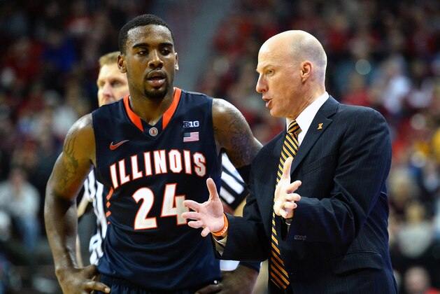 LAS VEGAS, NV - NOVEMBER 26:  Rayvonte Rice #24 of the Illinois Fighting Illini talks with head coach John Groce during a game against the UNLV Rebels at the Thomas & Mack Center on November 26, 2013 in Las Vegas, Nevada. Illinois won 61-59.  (Photo by Ethan Miller/Getty Images)