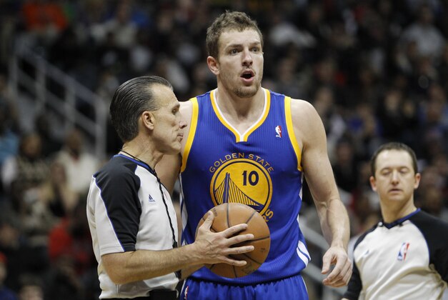 Jan 3, 2014; Atlanta, GA, USA; Golden State Warriors power forward David Lee (10) reacts to a foul call against the Atlanta Hawks in the fourth quarter at Philips Arena. The Warriors defeated the Hawks 101-100. Mandatory Credit: Brett Davis-USA TODAY Sports Jan 3, 2014; Atlanta, GA, USA; Golden State Warriors power forward David Lee (10) reacts to a foul call against the Atlanta Hawks in the fourth quarter at Philips Arena. The Warriors defeated the Hawks 101-100. Mandatory Credit: Brett Davis-USA TODAY Sports