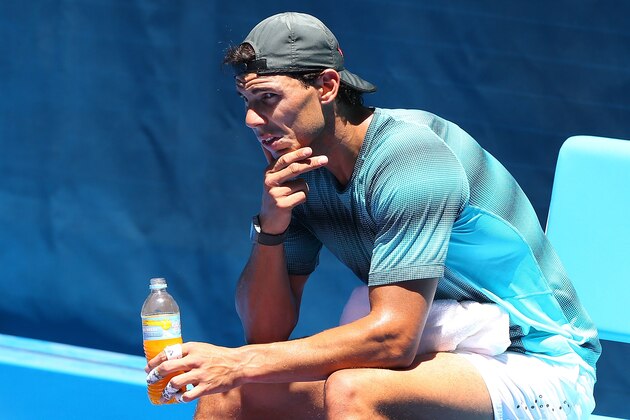 MELBOURNE, AUSTRALIA - JANUARY 08:  Rafael Nadal of Spain looks on during a practice session ahead of the 2014 Australian Open at Melbourne Park on January 8, 2014 in Melbourne, Australia.  (Photo by Michael Dodge/Getty Images)