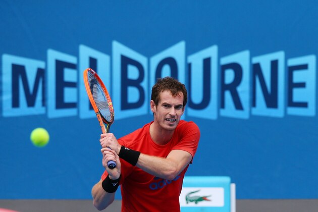 MELBOURNE, AUSTRALIA - JANUARY 06:  Andy Murray of Great Britain hits a backhand during a practice session ahead of the 2014 Australian Open at Melbourne Park on January 6, 2014 in Melbourne, Australia.  (Photo by Michael Dodge/Getty Images)