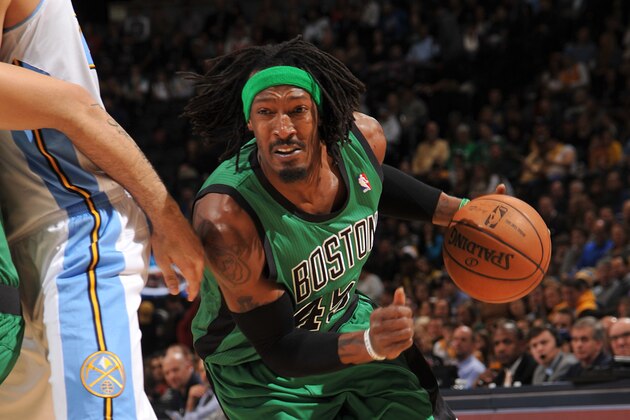 DENVER, CO - January 7: Gerald Wallace #45 of the Boston Celtics drives to the basket against the Denver Nuggets on January 7, 2014 at the Pepsi Center in Denver, Colorado. NOTE TO USER: User expressly acknowledges and agrees that, by downloading and/or using this Photograph, user is consenting to the terms and conditions of the Getty Images License Agreement. Mandatory Copyright Notice: Copyright 2014 NBAE (Photo by Bart Young/NBAE via Getty Images)