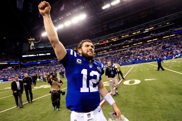 INDIANAPOLIS, IN - JANUARY 04: Quarterback Andrew Luck #12 of the Indianapolis Colts celebrates after defeating the Kansas City Chiefs 45-44 in a Wild Card Playoff game at Lucas Oil Stadium on January 4, 2014 in Indianapolis, Indiana.  (Photo by Rob Carr/Getty Images)