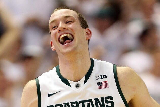 Feb. 12, 2013; East Lansing, MI, USA; Michigan State Spartans forward Matt Costello (10) celebrates a three point basket against the Michigan Wolverines during the second half at Jack Breslin Students Events Center. Mandatory Credit: Mike Carter-USA TODAY Sports Feb. 12, 2013; East Lansing, MI, USA; Michigan State Spartans forward Matt Costello (10) celebrates a three point basket against the Michigan Wolverines during the second half at Jack Breslin Students Events Center. Mandatory Credit: Mike Carter-USA TODAY Sports