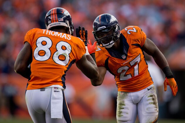 DENVER, CO - OCTOBER 27:  Wide receiver Demaryius Thomas #88 of the Denver Broncos celebrates his fourth quarter touchdown with running back Knowshon Moreno #27 against the Washington Redskins at Sports Authority Field Field at Mile High on October 27, 2013 in Denver, Colorado. The Broncos defeated the Redskins 45-21.  (Photo by Justin Edmonds/Getty Images)