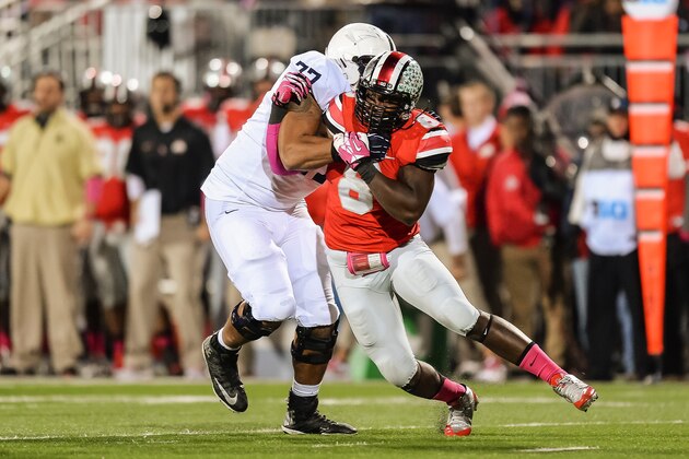 COLUMBUS, OH - OCTOBER 26: Noah Spence #8 of the Ohio State Buckeyes rushes against the Penn State Nittany Lions at Ohio Stadium on October 26, 2013 in Columbus, Ohio. (Photo by Jamie Sabau/Getty Images) COLUMBUS, OH - OCTOBER 26: Noah Spence #8 of the Ohio State Buckeyes rushes against the Penn State Nittany Lions at Ohio Stadium on October 26, 2013 in Columbus, Ohio. (Photo by Jamie Sabau/Getty Images)