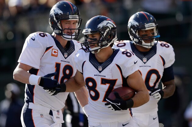 OAKLAND, CA - DECEMBER 29:  Peyton Manning #18 of the Denver Broncos congratulates Eric Decker #87 after he threw him a pass for his first touchdown pass of their game against the Oakland Raiders at O.co Coliseum on December 29, 2013 in Oakland, California.  (Photo by Ezra Shaw/Getty Images)