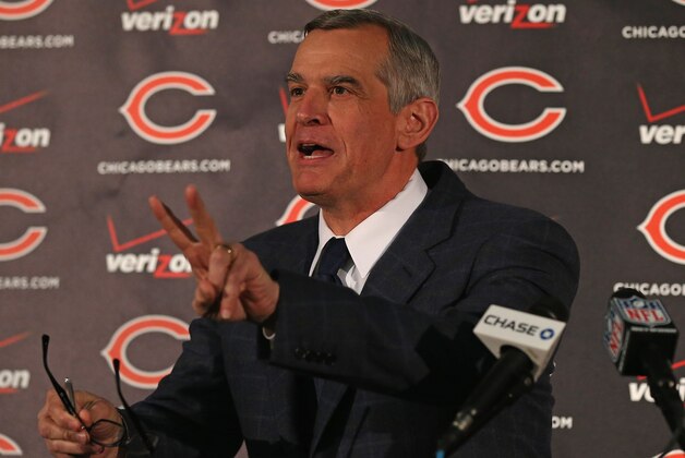 LAKE FOREST, IL - JANUARY 17:  General manager Phil Emery of the Chicago Bears explains his choice of Marc Trestman to be the new head coach of the Bears at Halas Hall on January 17, 2013 in Lake Forest, Illinois.  (Photo by Jonathan Daniel/Getty Images)