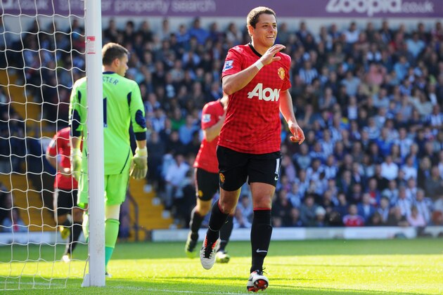 WEST BROMWICH, ENGLAND - MAY 19:  Javier Hernandez of Manchester United celebrates as he scores their fifth goal during the Barclays Premier League match between West Bromwich Albion and Manchester United at The Hawthorns on May 19, 2013 in West Bromwich, England.  (Photo by Michael Regan/Getty Images)