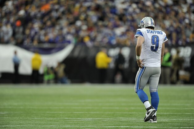 MINNEAPOLIS, MN - DECEMBER 29: Matthew Stafford #9 of the Detroit Lions walks on the field during the fourth quarter of the game against the Minnesota Vikings on December 29, 2013 at Mall of America Field at the Hubert H. Humphrey Metrodome in Minneapolis, Minnesota. The Vikings defeated the Lions 14-13. (Photo by Hannah Foslien/Getty Images)