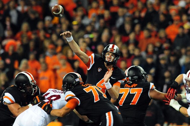 CORVALLIS, OR - OCTOBER 26: Quarterback Sean Mannion #4 of the Oregon State Beavers passes the ball during the third quarter of the game against the Stanford Cardinal at Reser Stadium on October 26, 2013 in Corvallis, Oregon. Stanford won the game 20-12. (Photo by Steve Dykes/Getty Images)