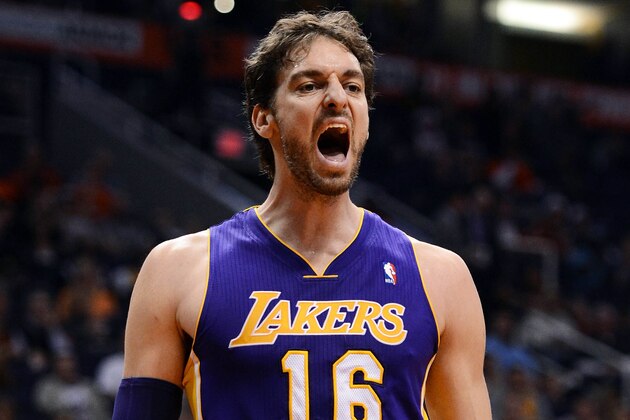 Dec 23, 2013; Phoenix, AZ, USA; Los Angeles Lakers center Pau Gasol (16) yells on the court in the first half against the Phoenix Suns at US Airways Center. Mandatory Credit: Jennifer Stewart-USA TODAY Sports