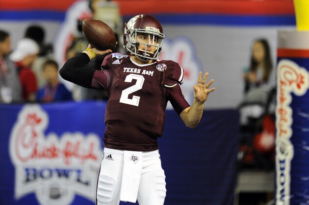Dec 31, 2013; Atlanta, GA, USA;  Texas A&M Aggies quarterback Johnny Manziel (2) warms-up prior to facing the Duke Blue Devils in the 2013 Chick-fil-a Bowl at the Georgia Dome. Mandatory Credit: Dale Zanine-USA TODAY Sports