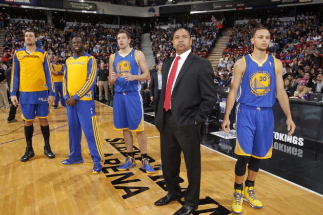 SACRAMENTO, CA - DECEMBER 1: Andrew Bogut #12, Draymond Green #23, David Lee #10, Head Coach Mark Jackson and Stephen Curry #30 of the Golden State Warriors during a break in play against the Sacramento Kings on December 1, 2013 at Sleep Train Arena in Sacramento, California. NOTE TO USER: User expressly acknowledges and agrees that, by downloading and or using this photograph, User is consenting to the terms and conditions of the Getty Images Agreement. Mandatory Copyright Notice: Copyright 2013 NBAE (Photo by Rocky Widner/NBAE via Getty Images)