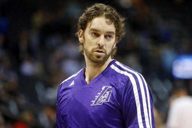 Nov 13, 2013; Denver, CO, USA; Los Angeles Lakers forward Pau Gasol (16) before the first quarter against the  Los Angeles Lakers at Pepsi Center. Mandatory Credit: Chris Humphreys-USA TODAY Sports