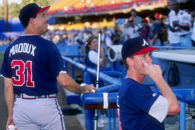 9 Sep 1997:  Tom Glavine and Greg Maddux of the Atlanta Braves during the Braves 4-3 win over the Los Angeles Dodgers at Dodger Stadium in Los Angeles, California. Mandatory Credit: Harry How  /Allsport
